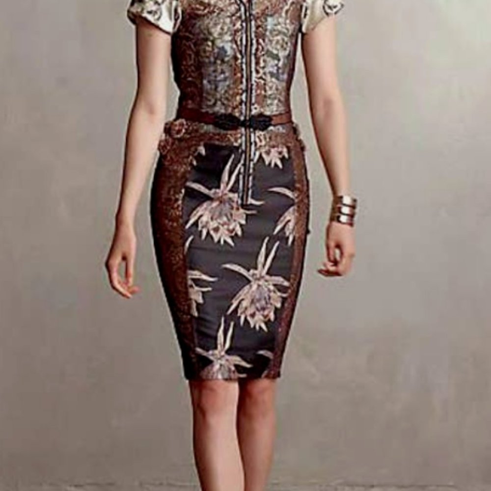 NWT - BEGUILE by BYRON LARS Embroidered Form Fitting Brocade Belted Noemi Dress